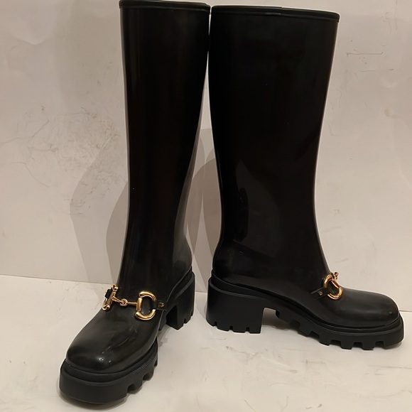 New Gucci Horsebit Tall Rain Boots Black Italy Size 38 - Picture 3 of 16